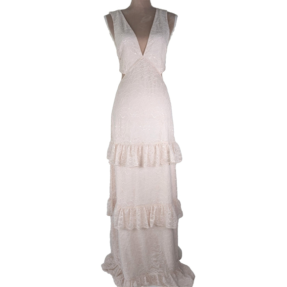 AFRM Deep Plunge Lace Tiered Maxi Dress Blush Pink L Beachy Wedding Formal - Picture 1 of 12